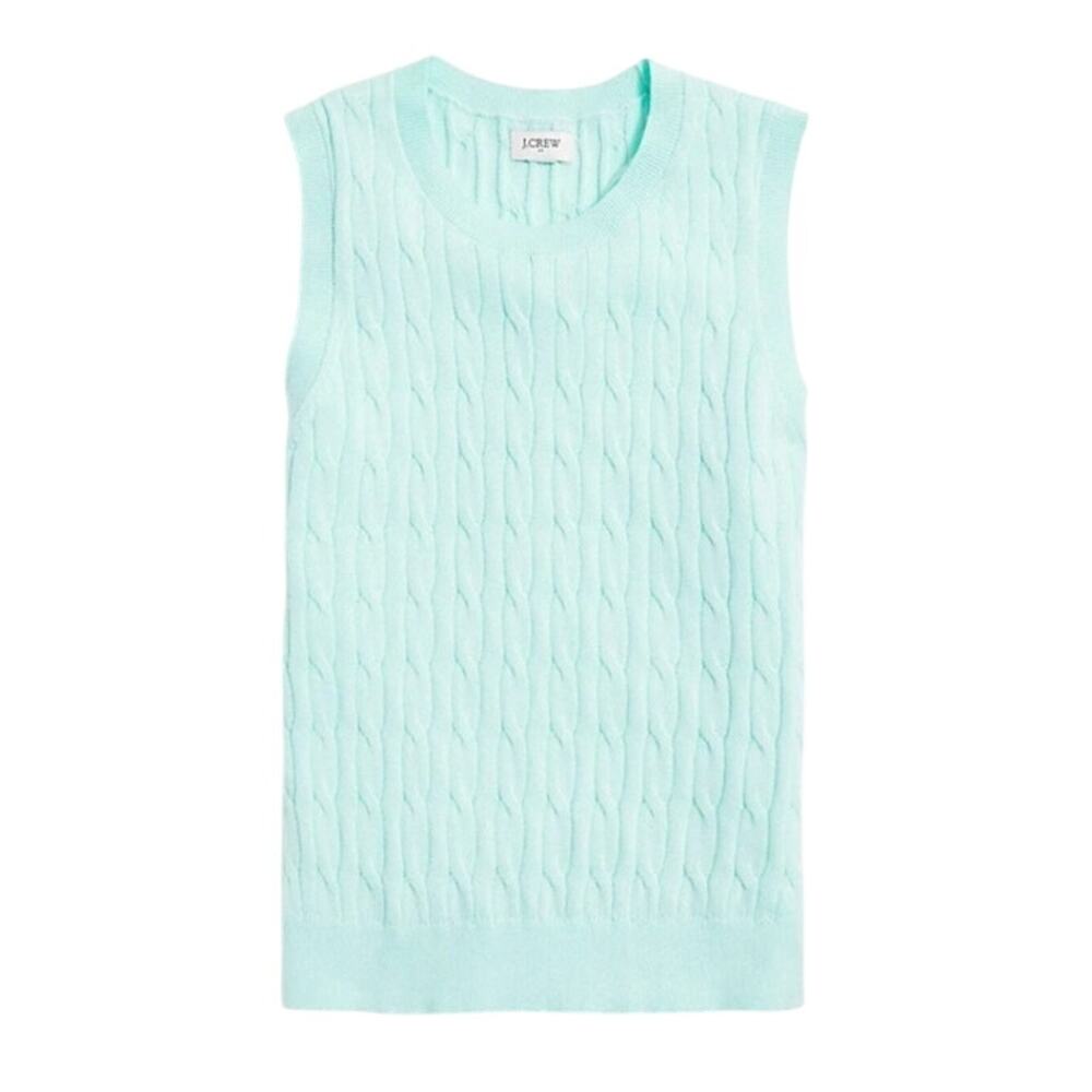 J Crew Cable Knit Sweater Shell Vest Cotton Sleeveless Crew Neck Mint Blue Large